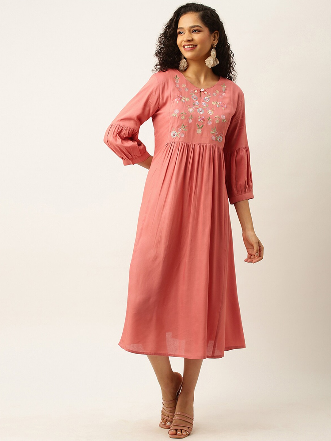 

ODETTE Floral Embroidered Fit & Flare Mini Ethnic Dress, Pink