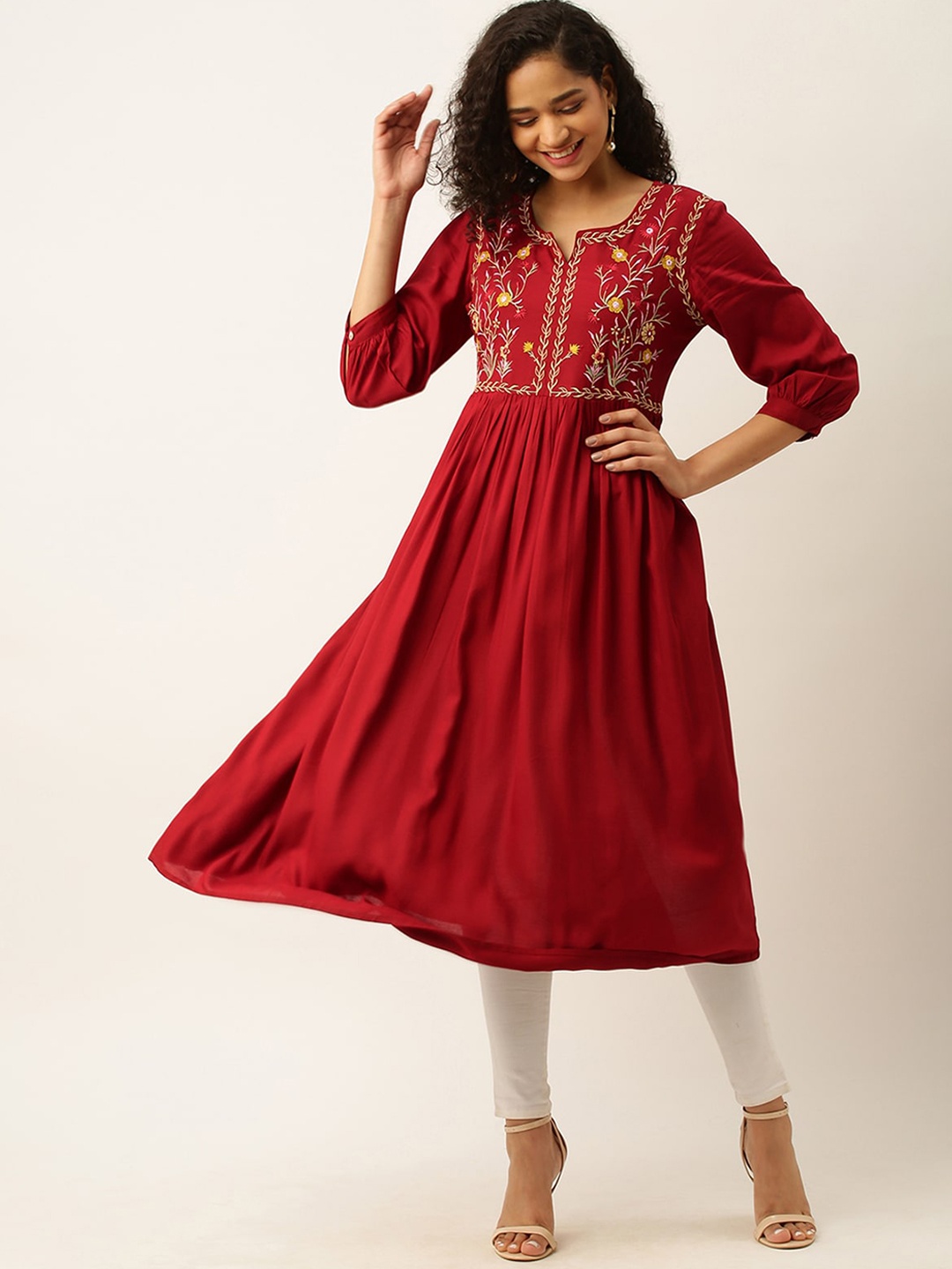 

ODETTE Floral Embroidered Yoke Design Notched Neck A-Line Kurta, Maroon