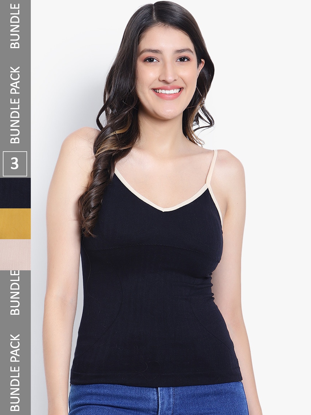 

PARKHA Pack Of 3 Ribbed Contrast Strap Lightly Padded Camisoles, Black