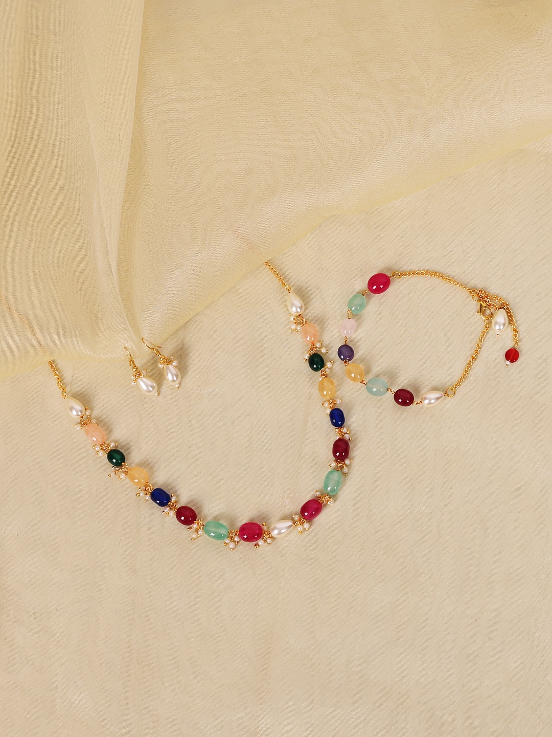 

ABDESIGNS Gold-Plated Jaipuri Bead Necklace With Earrings & Bracelet