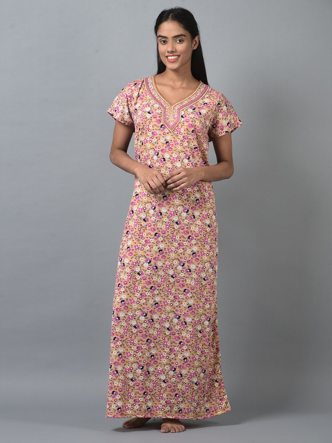 

Noty Floral Printed Thread Work Maxi Nightdress, Beige