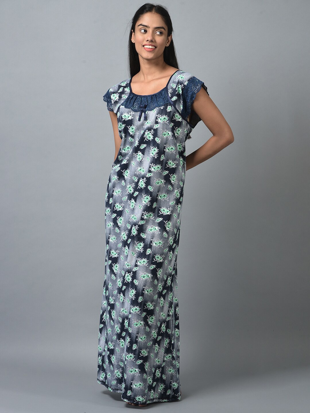 

Noty Floral Printed Lace Insert Maxi Nightdress, Blue