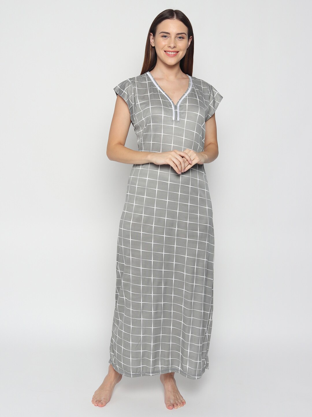 

Noty Checked V-Neck Maxi Nightdress, Grey