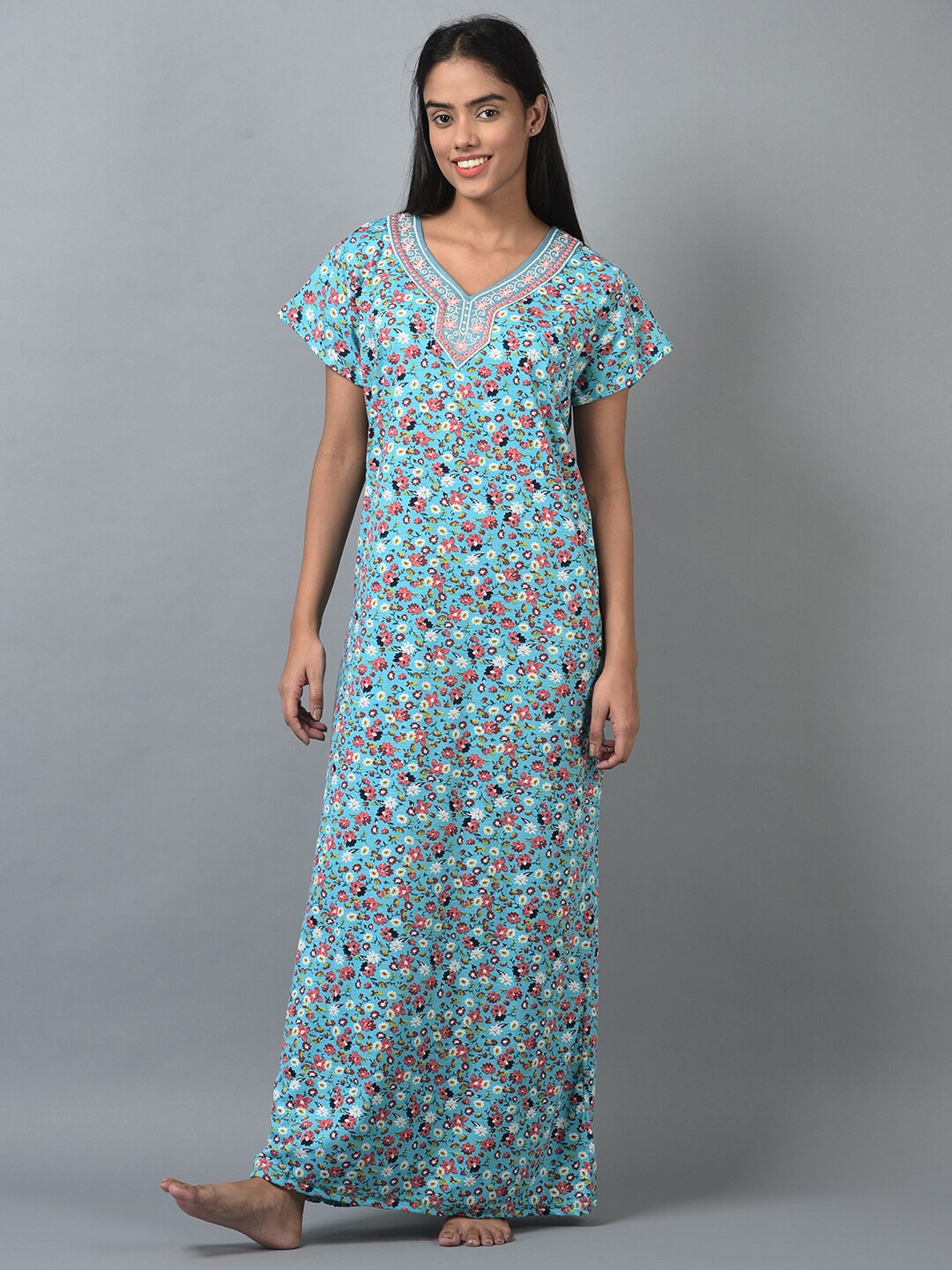 

Noty Floral Printed Thread Work Maxi Nightdress, Blue