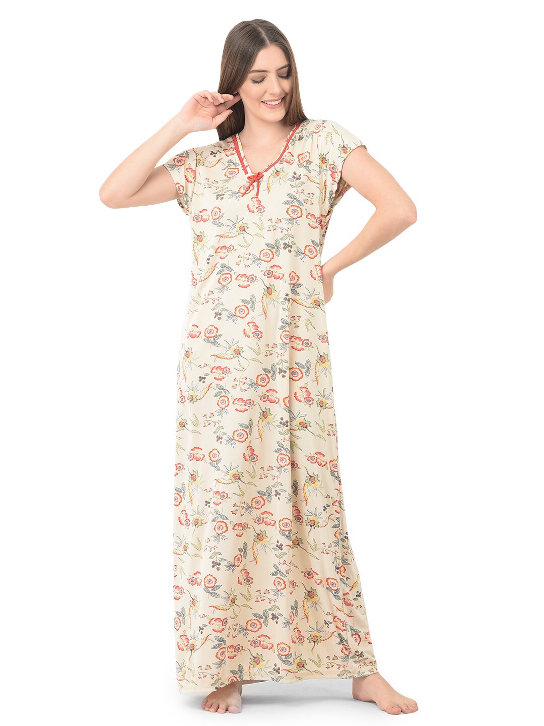 

Noty Floral Printed V-Neck Knotted Maxi Nightdress, Cream
