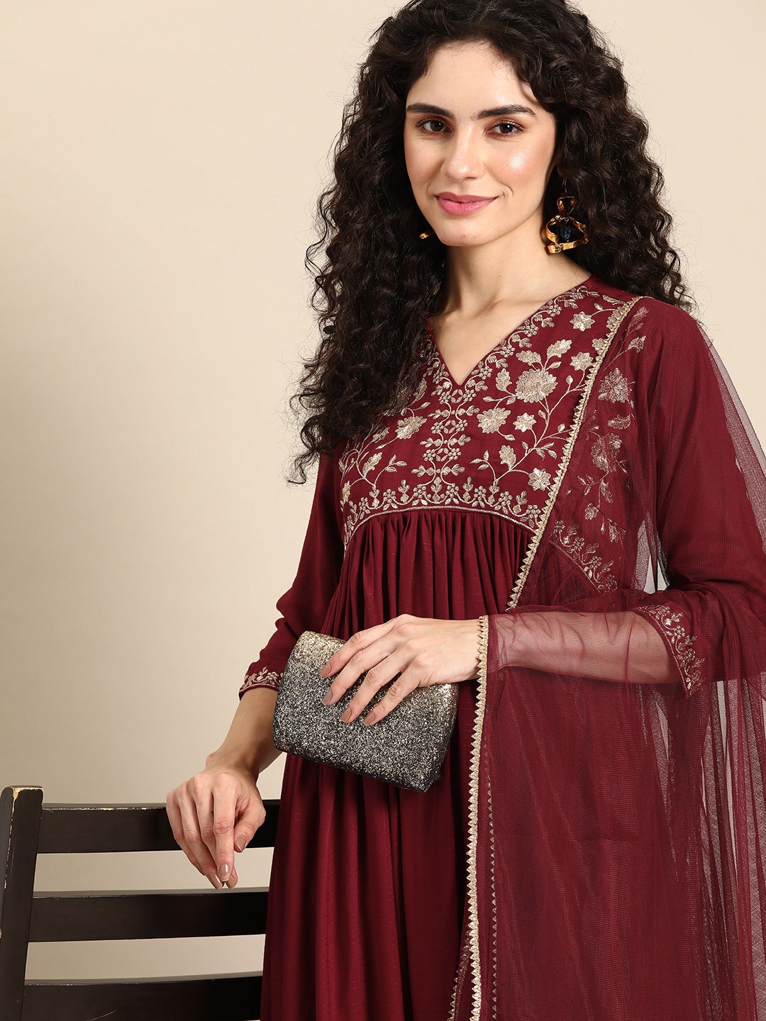 

Anouk Women Floral Yoke Design Pleated Kurta with Churidar & With Dupatta, Maroon