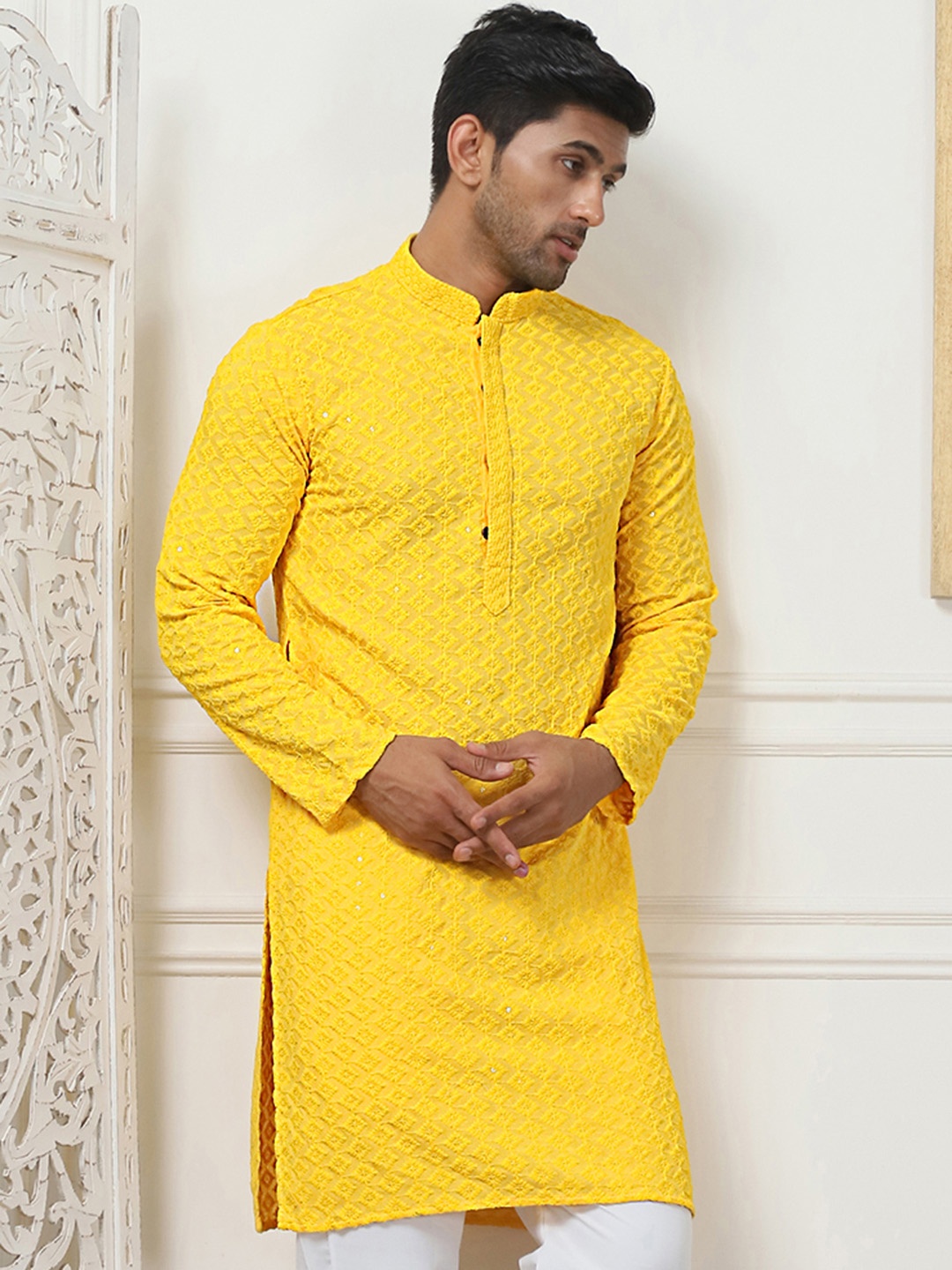 

Anouk Yellow Ethnic Motifs Sequinned Embroidered Pure Cotton Kurta
