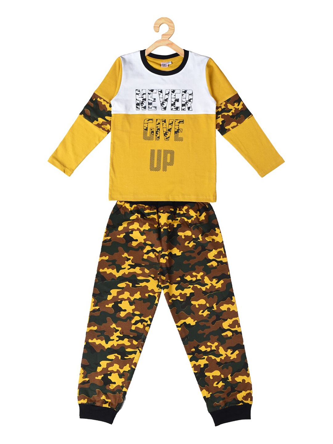 

POMY & JINNY Boys Typography Printed Pure Cotton T-shirt With Trousers, Yellow