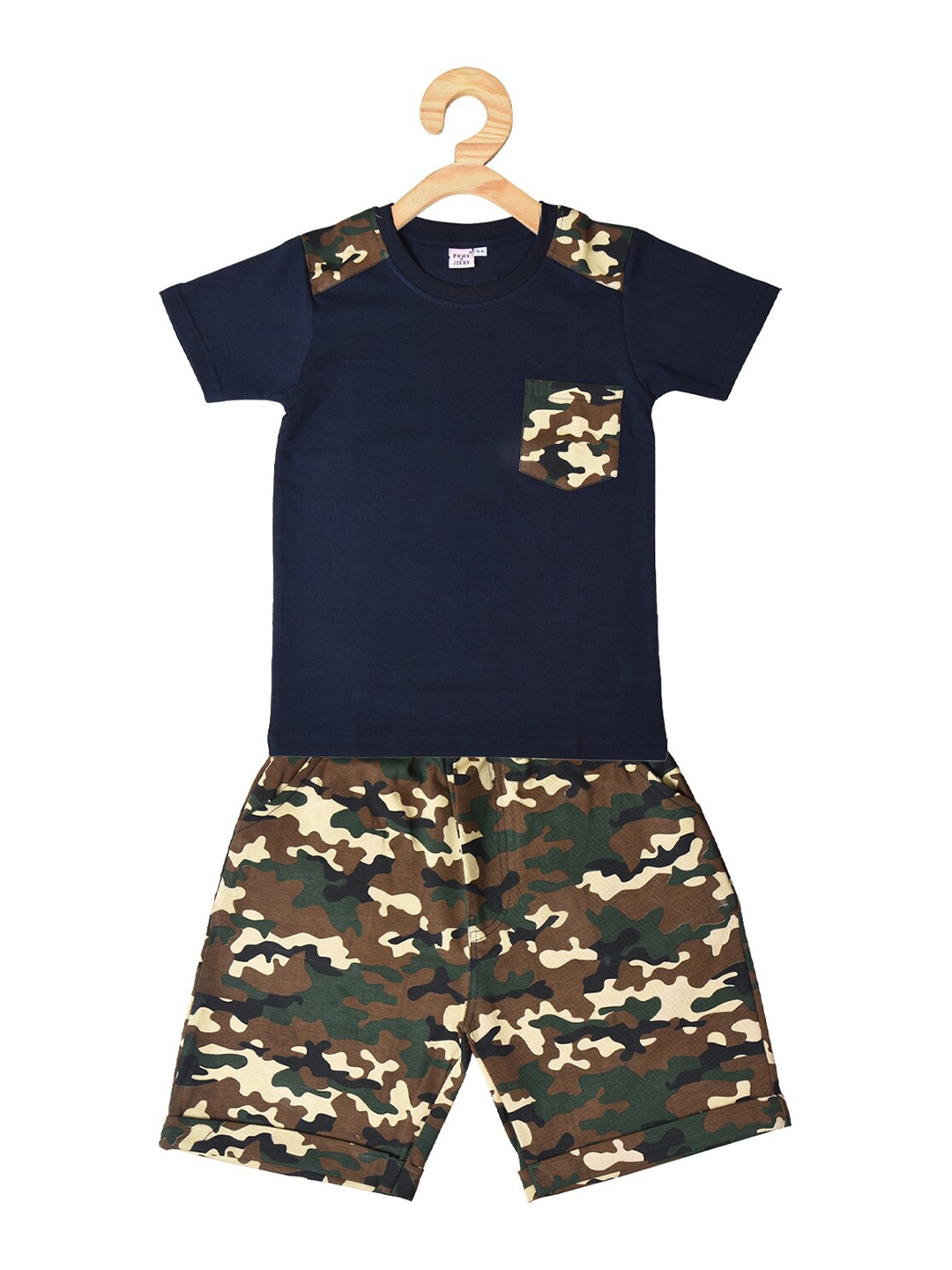 

POMY & JINNY Boys Camouflage Printed Pure Cotton T-shirt With Shorts, Navy blue