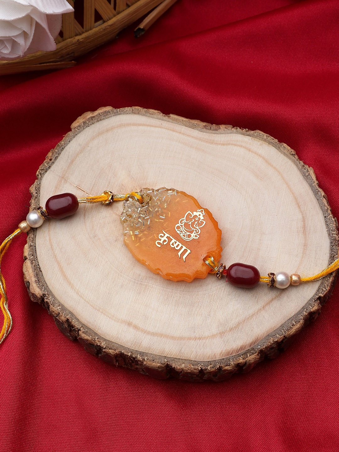 

Mali Fionna Lord Krishna Charm & Beaded Rakhi, Yellow