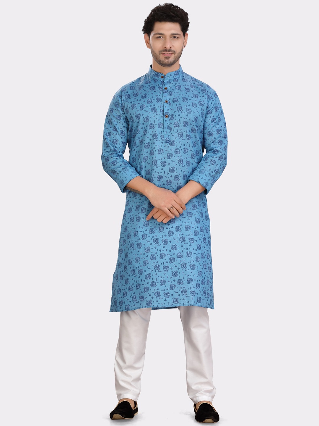 

SHIWAM ETHNIX Men Geometric Printed Cotton Mandarin Collar Kurta, Blue