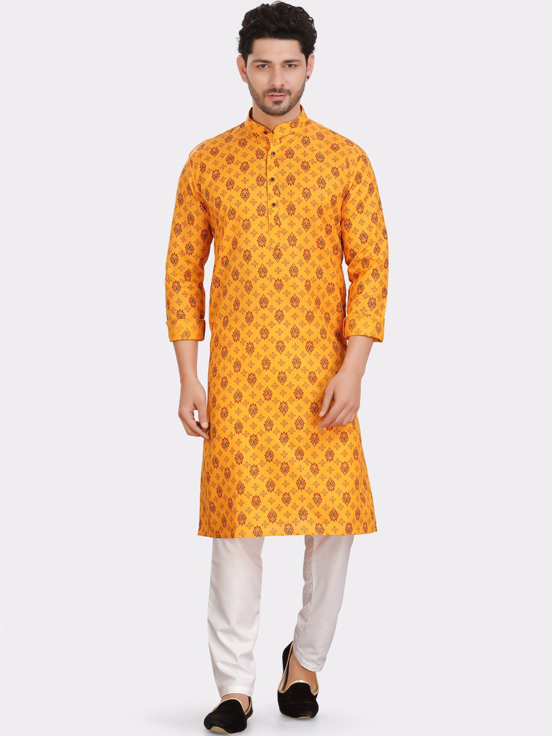 

SHIWAM ETHNIX Mandarin Collar Ethnic Motifs Printed Kurta, Yellow