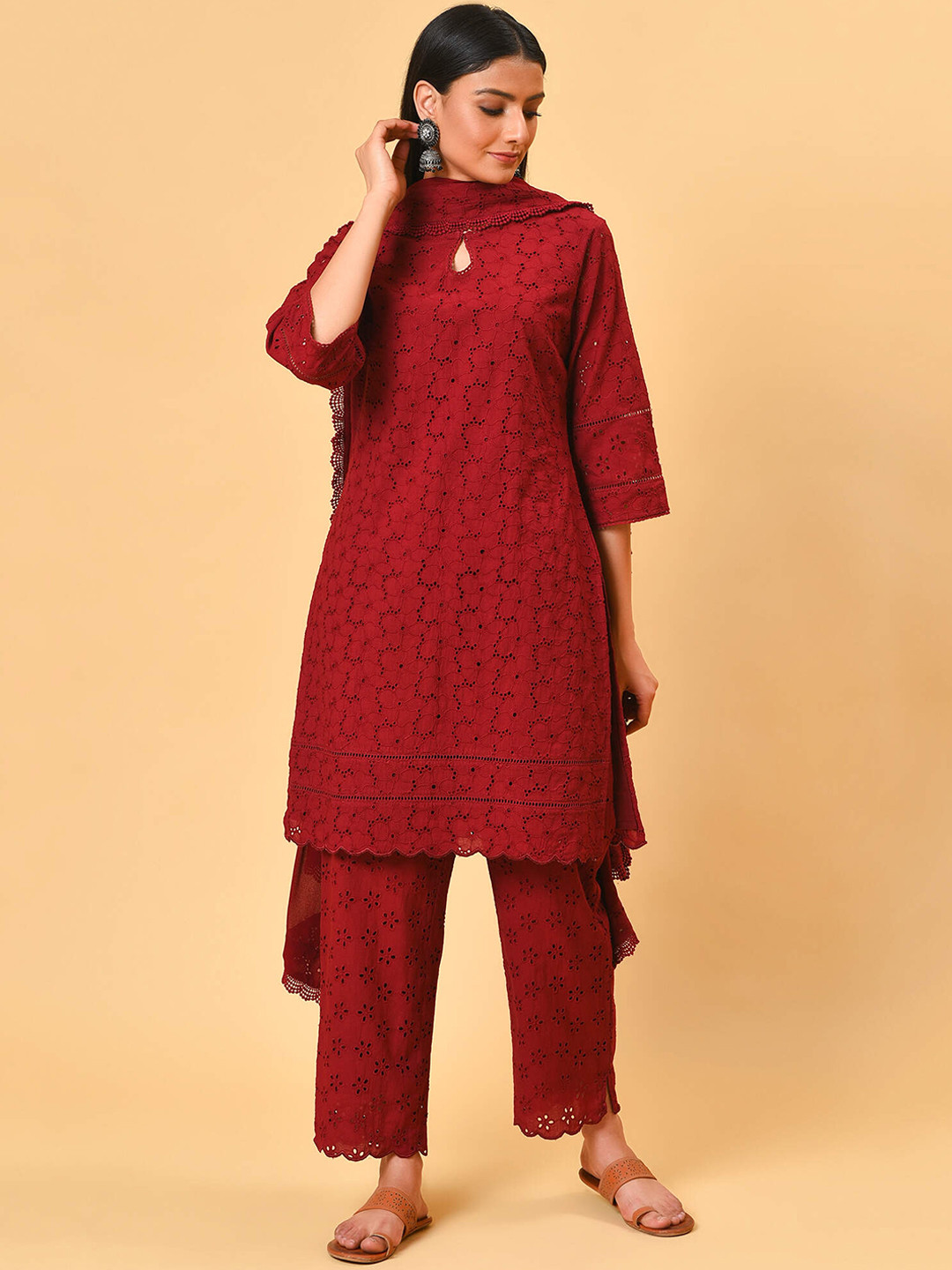

NUHH Self Design Pure Cotton Kurta with Trousers & With Dupatta, Maroon