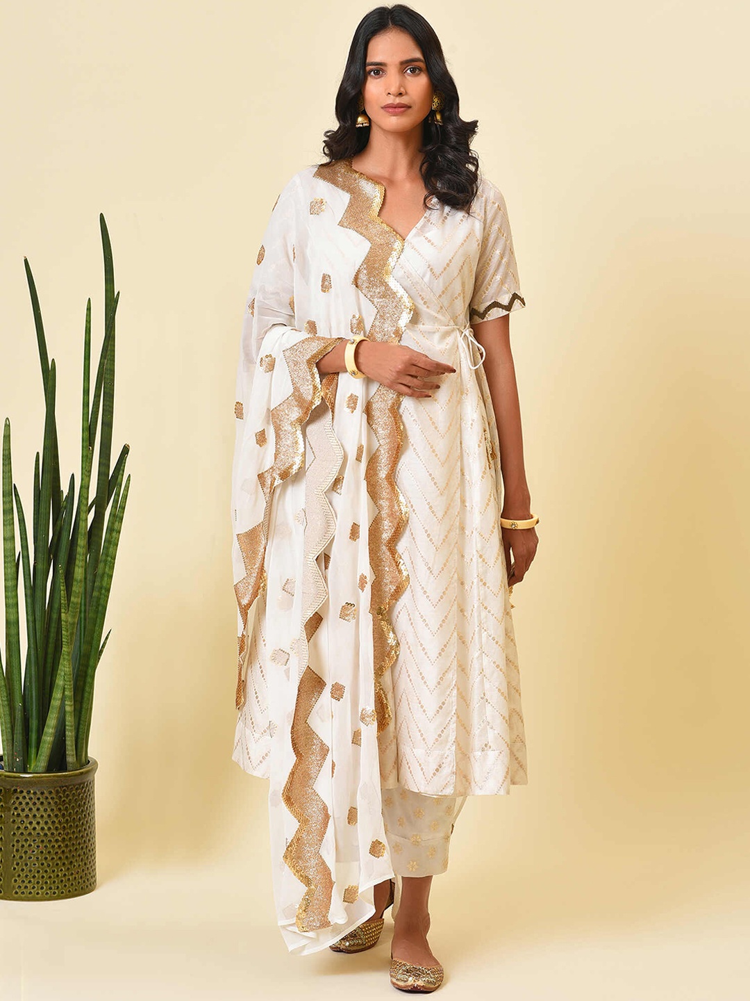 

NUHH Women Off White Ethnic Motifs Printed Angrakha Kurta with Trousers & With Dupatta