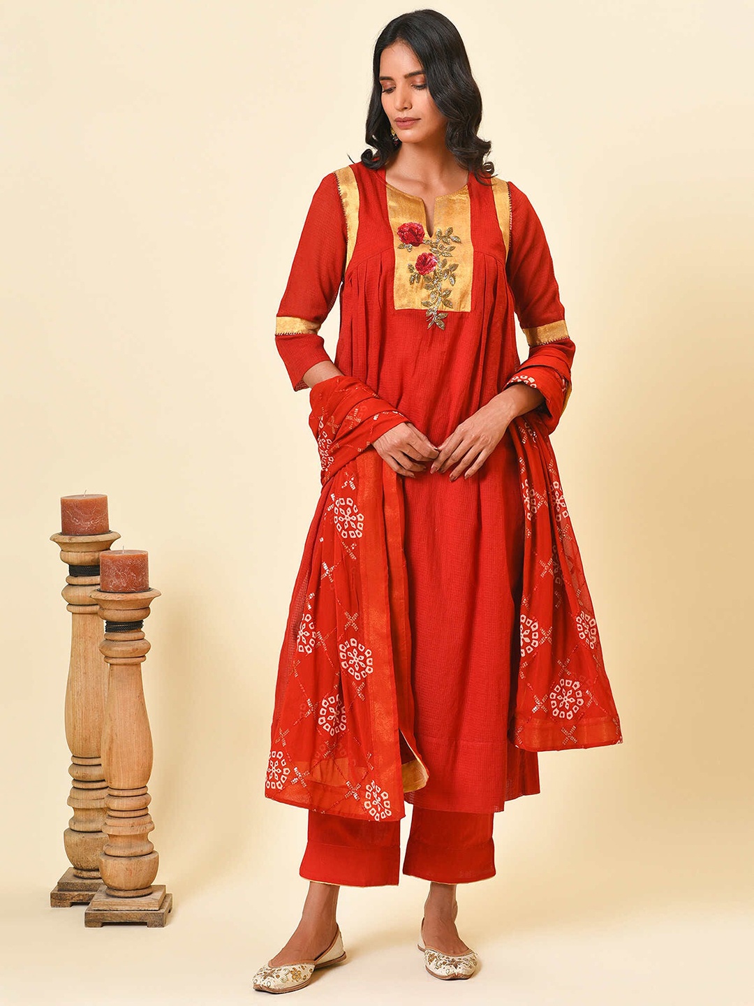 

NUHH Yoke Design Regular Pure Cotton Kurta with Trousers & With Dupatta, Red