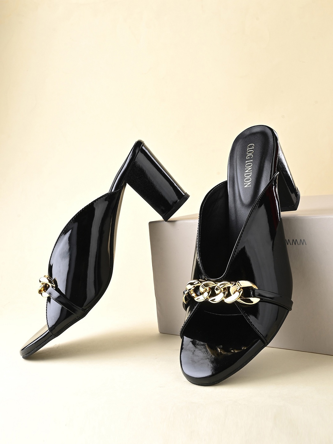 

CLOG LONDON Embellished Block Heel Mules, Black