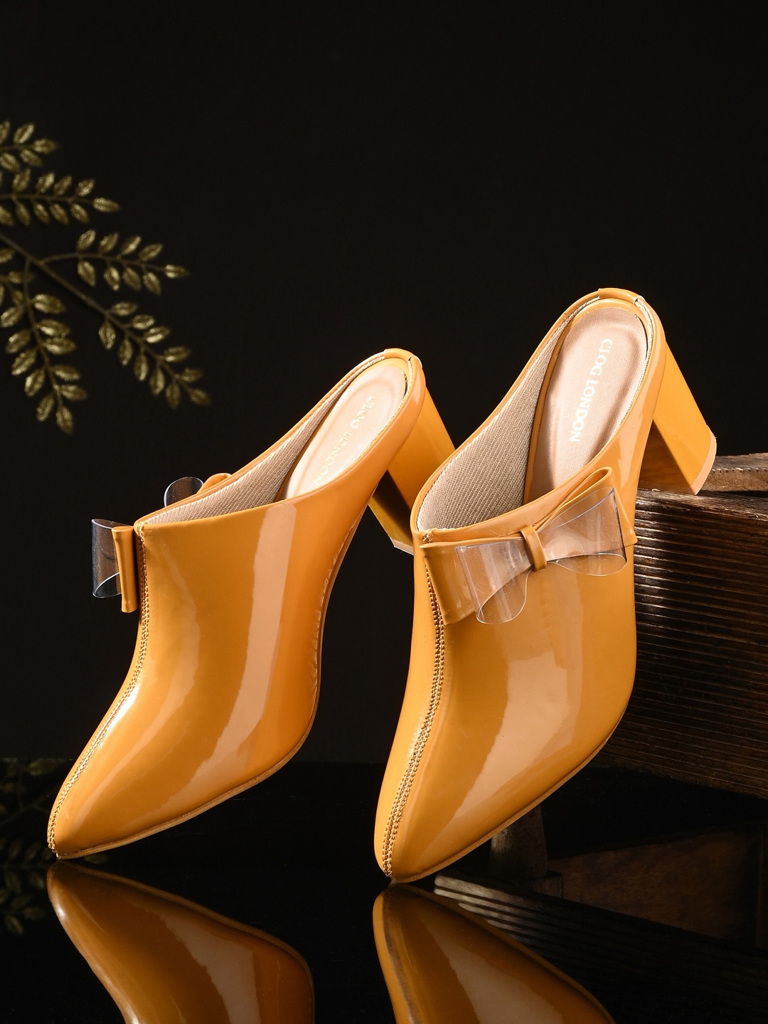 

CLOG LONDON Pointed Toe Block Mules With Bows, Mustard