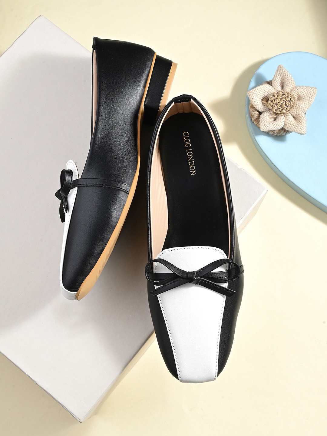 

CLOG LONDON Colourblocked Bow Detail Ballerinas, Black