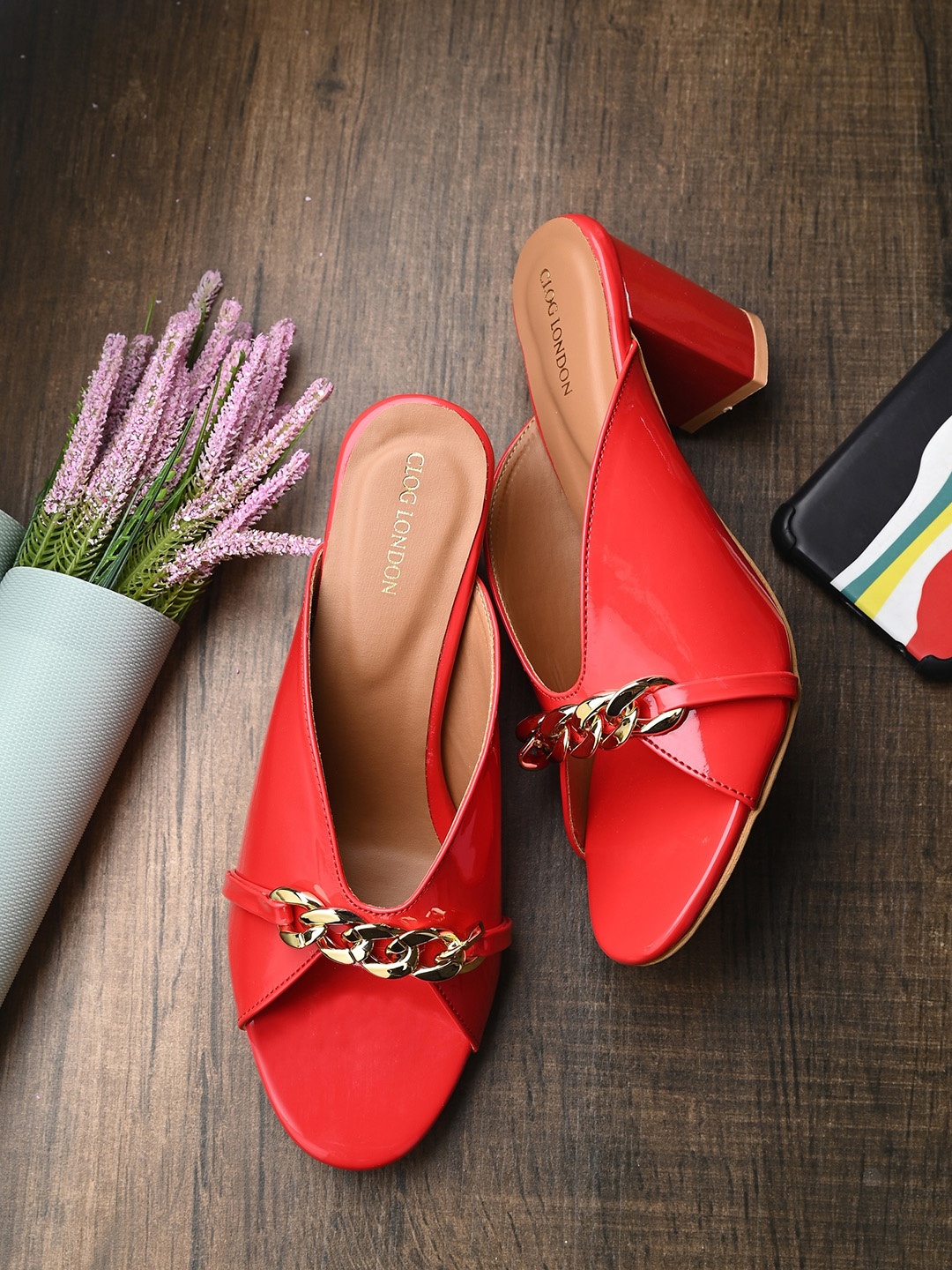 

CLOG LONDON Embellished Block Heel Mules, Red