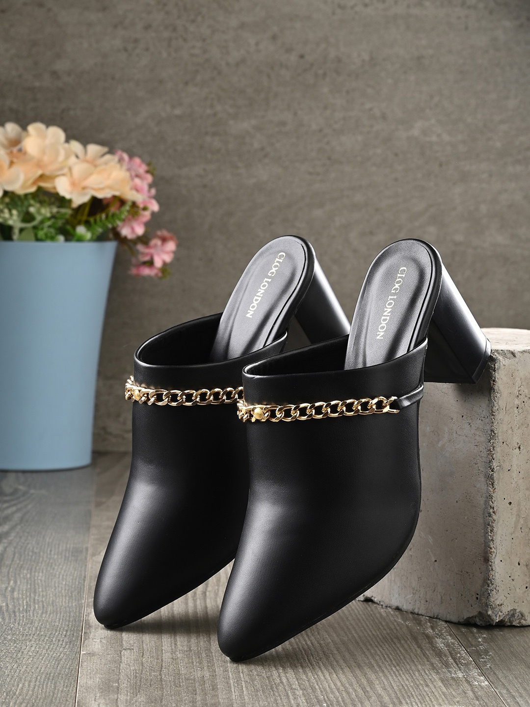 

CLOG LONDON Embellished Block Heel Mules, Black