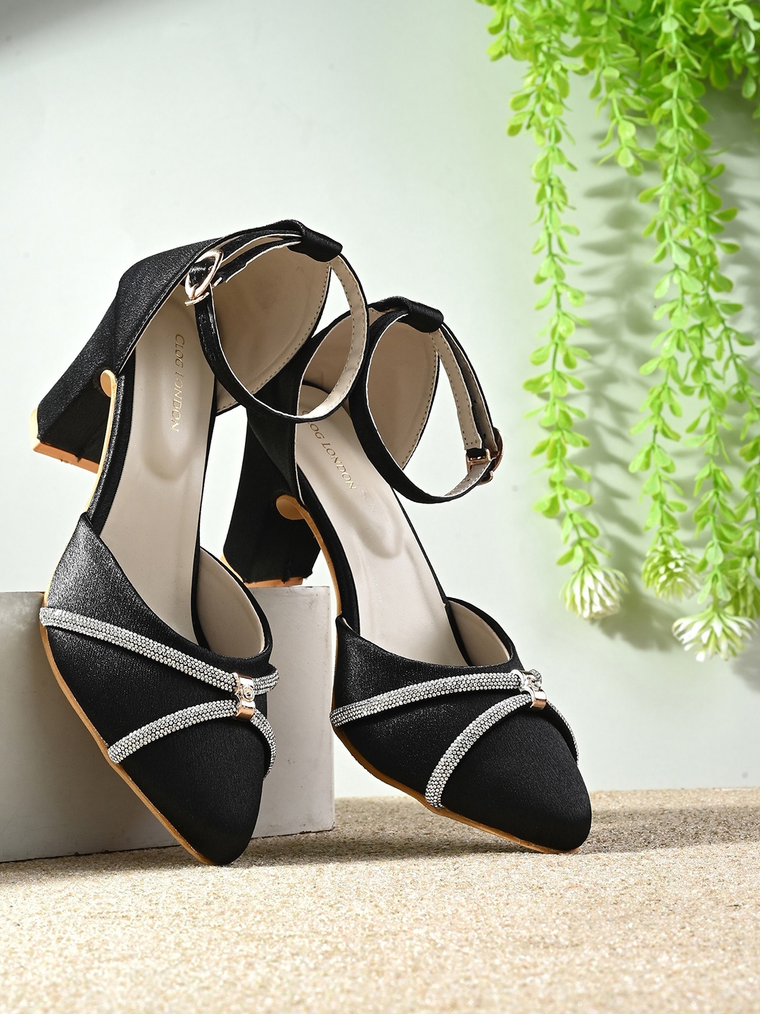 

CLOG LONDON Pointed Toe Embellished Block Heels With Ankle Loop, Black