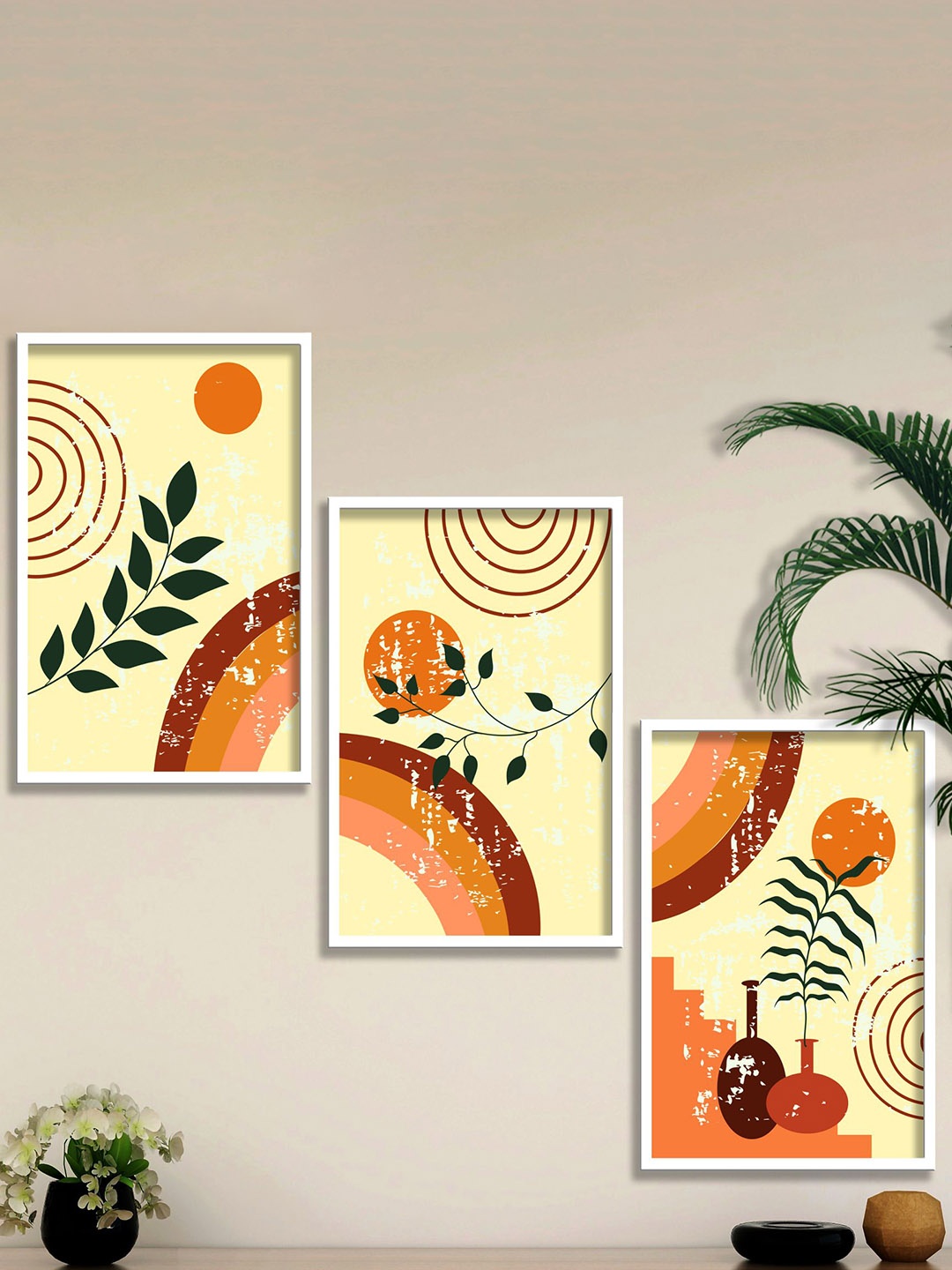 

SAF Beige & Orange 3 Pieces Modern Wall Art