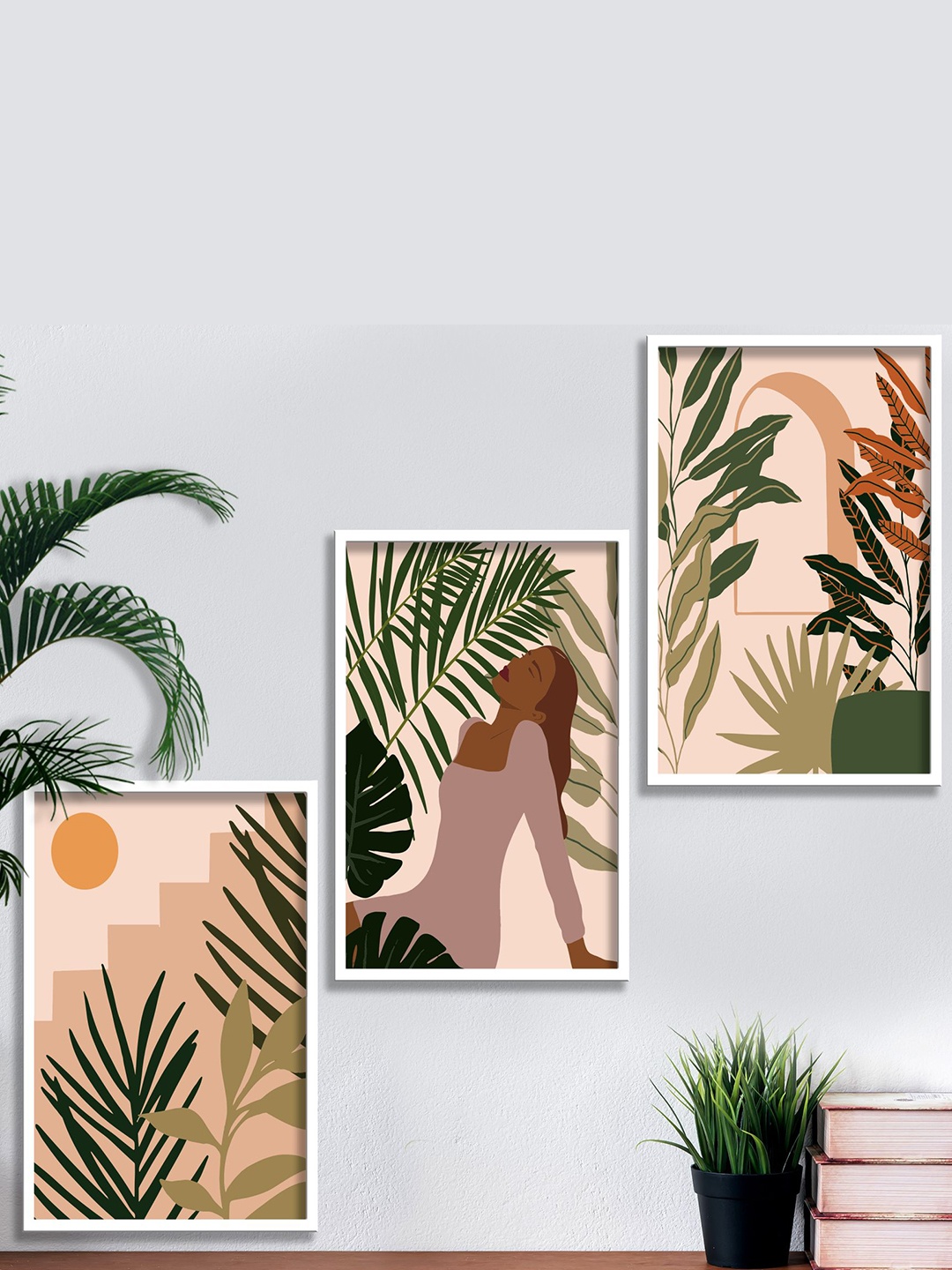 

SAF 3 Pcs Peach-colored & Green Modern Art Framed Wall Art