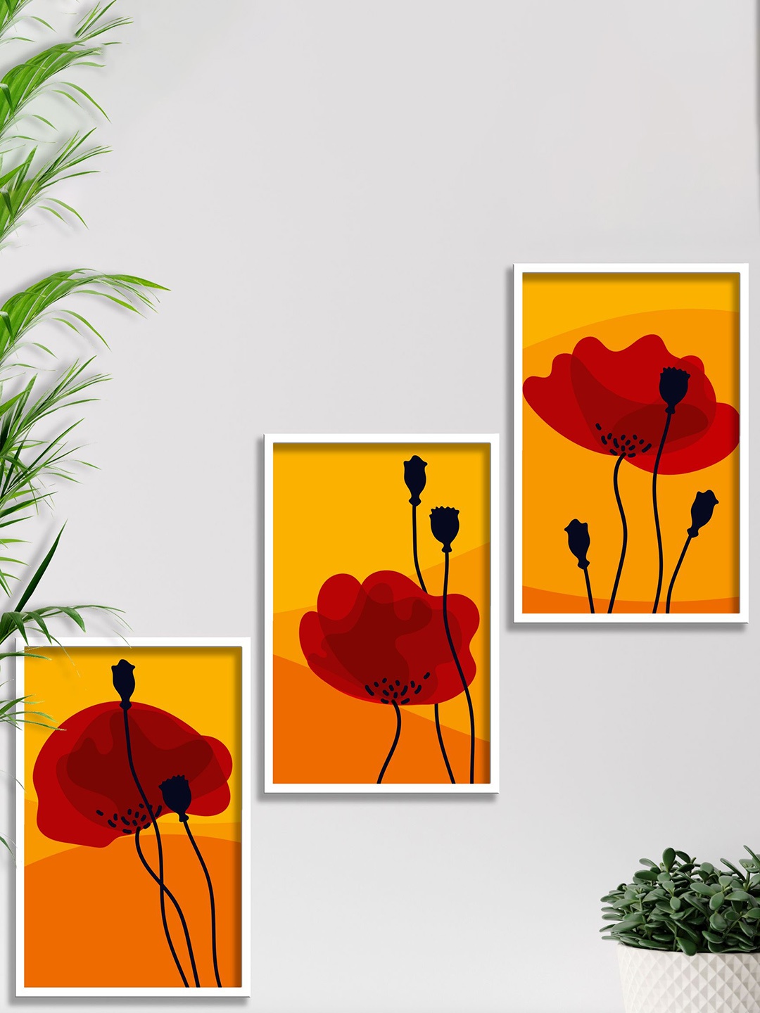 

SAF Yellow & Orange 3 Pieces Modern Art Painting Framed Wall Arts