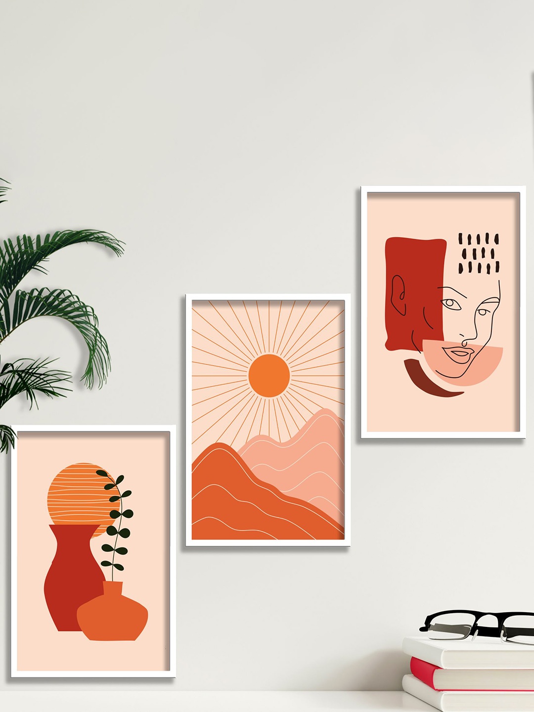 

SAF Peach Colored 3 Pieces Modern Art Painting Framed Wall Arts, Cream