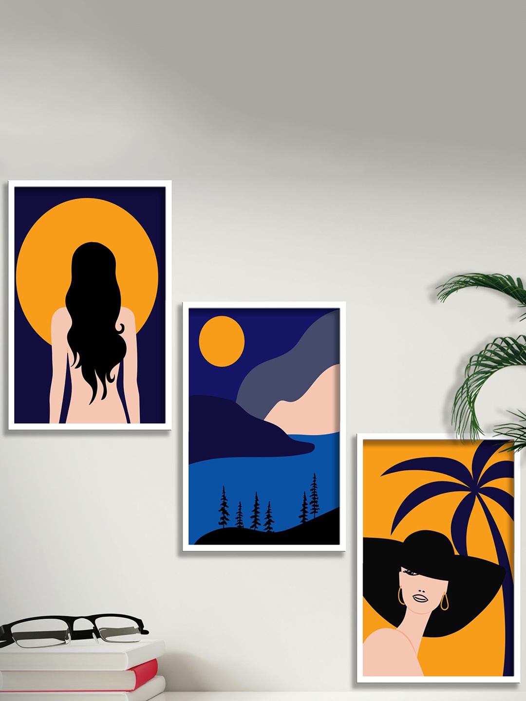 

SAF Blue & Yellow 3 Pieces Modern Art Painting Framed Wall Arts