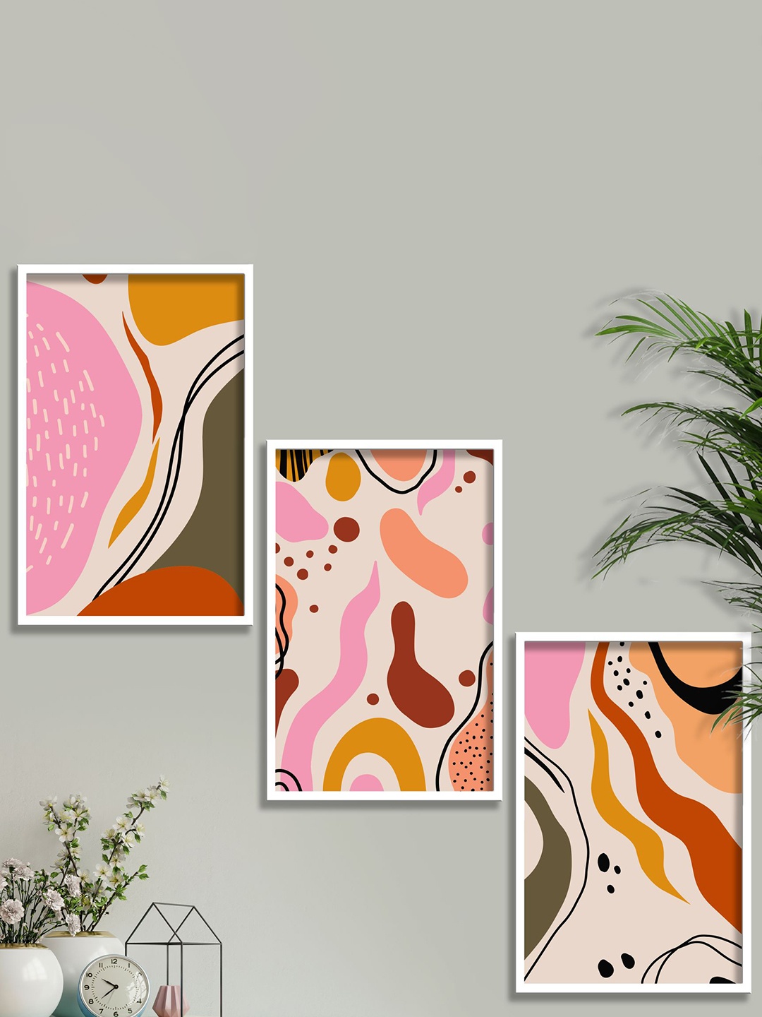 

SAF Beige & Pink 3 Pieces Modern Art Painting Framed Wall Arts