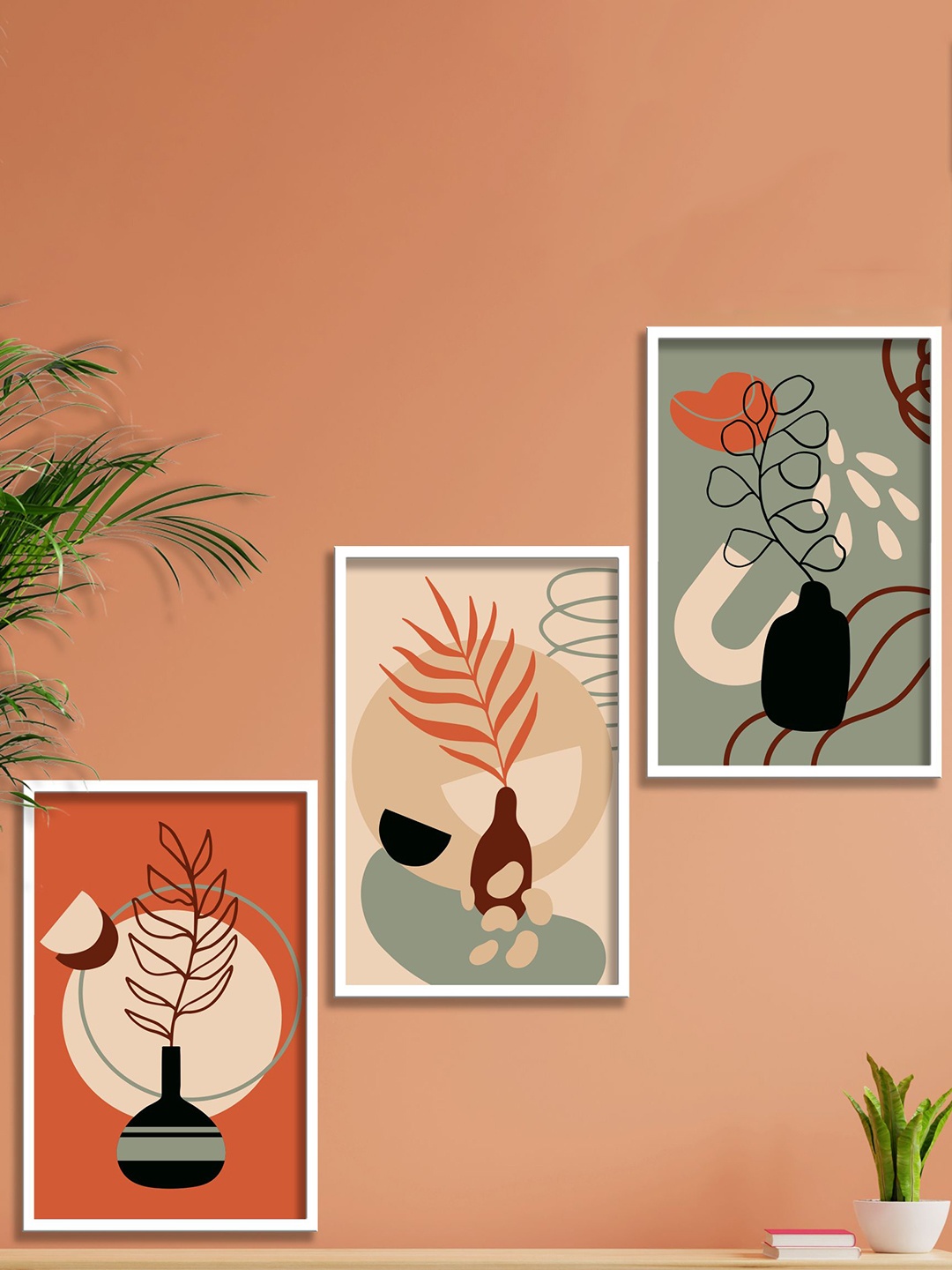 

SAF Orange-Coloured & Green 3-Pieces Modern Art Printed Framed Wall Art