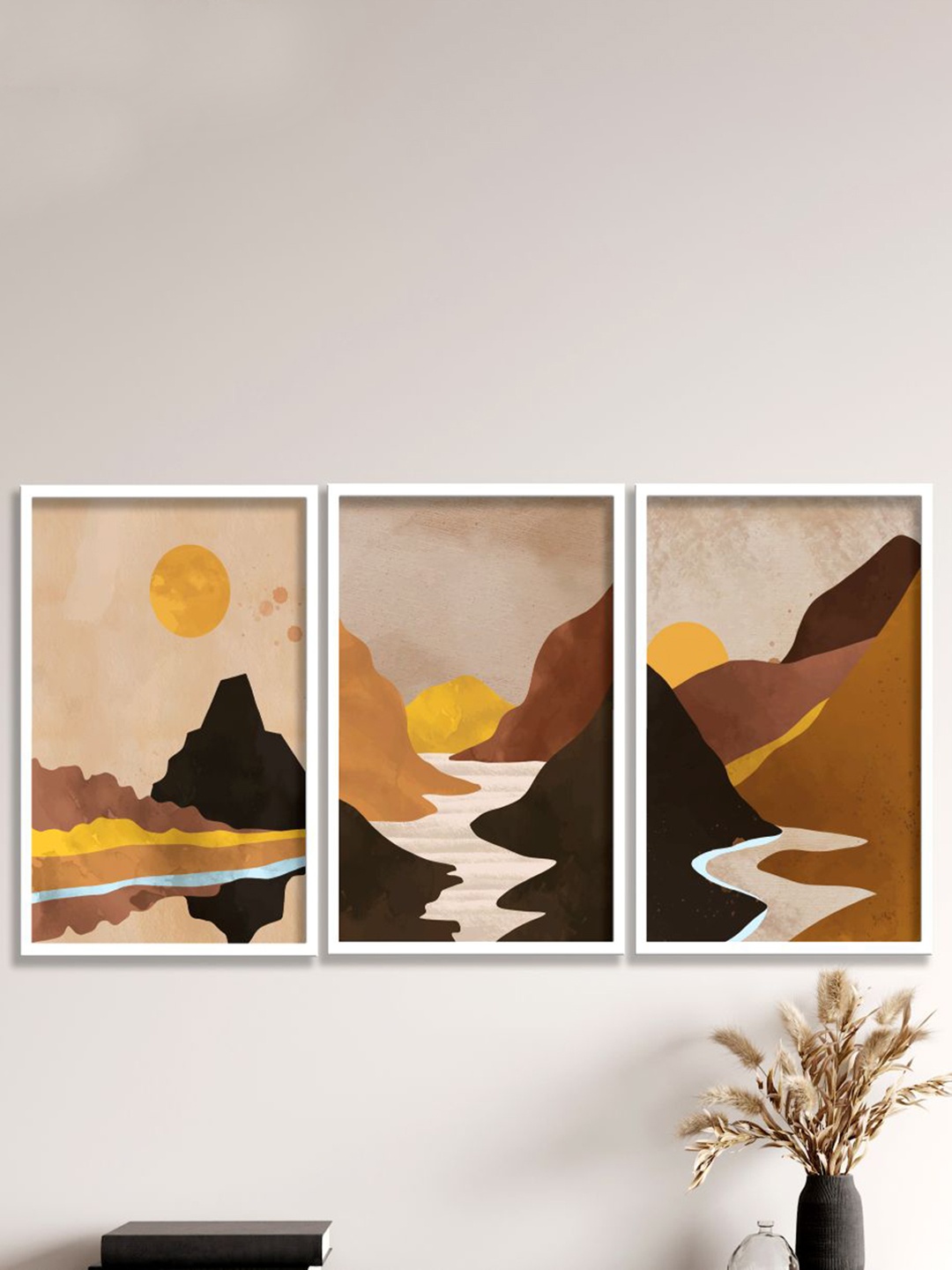 

SAF Brown & Yellow 3 Pieces Modern Art Painting Framed Wall Arts