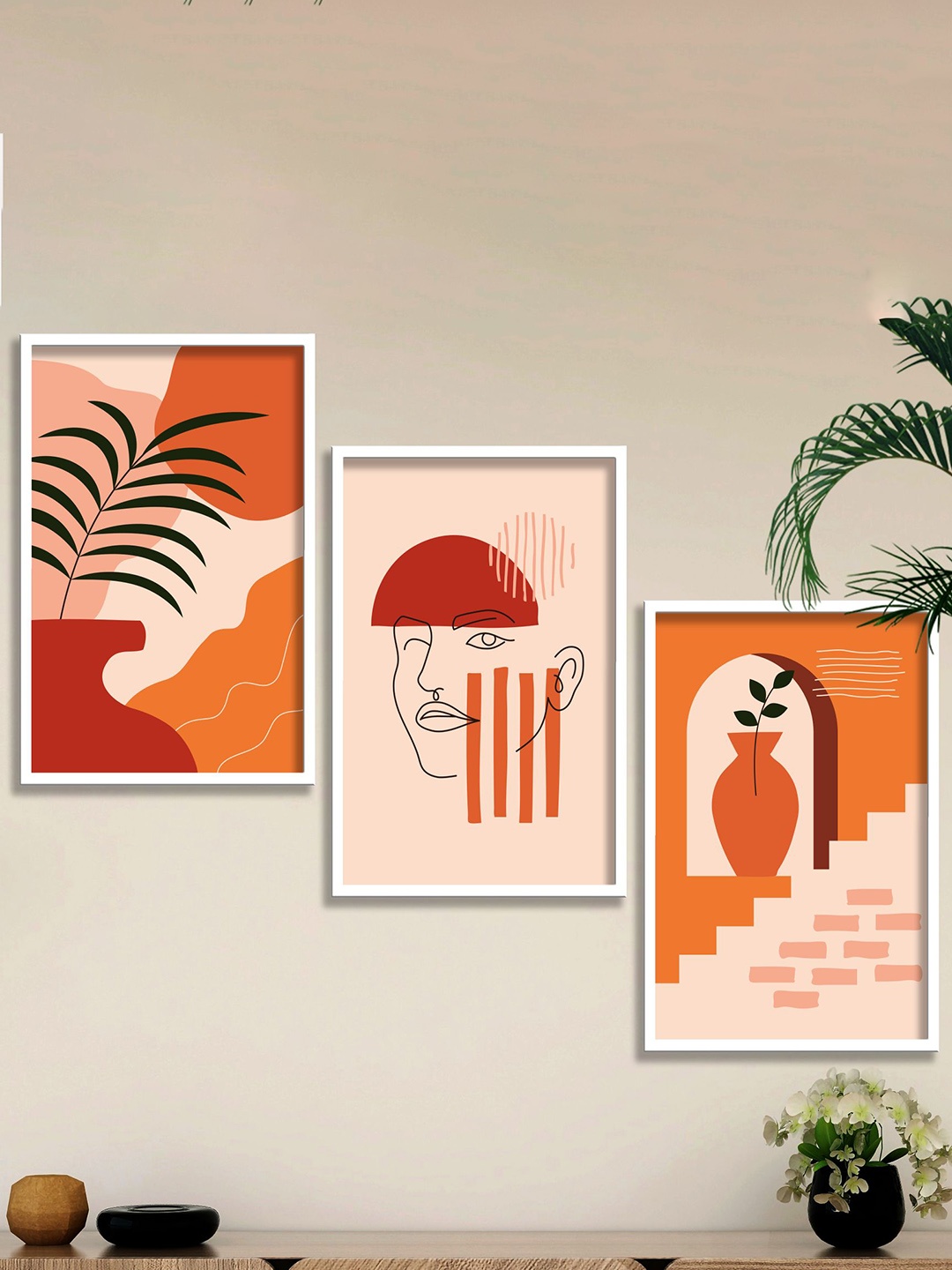 

SAF 3-Pcs Peach-Coloured & Orange Modern Art Wall Paintings