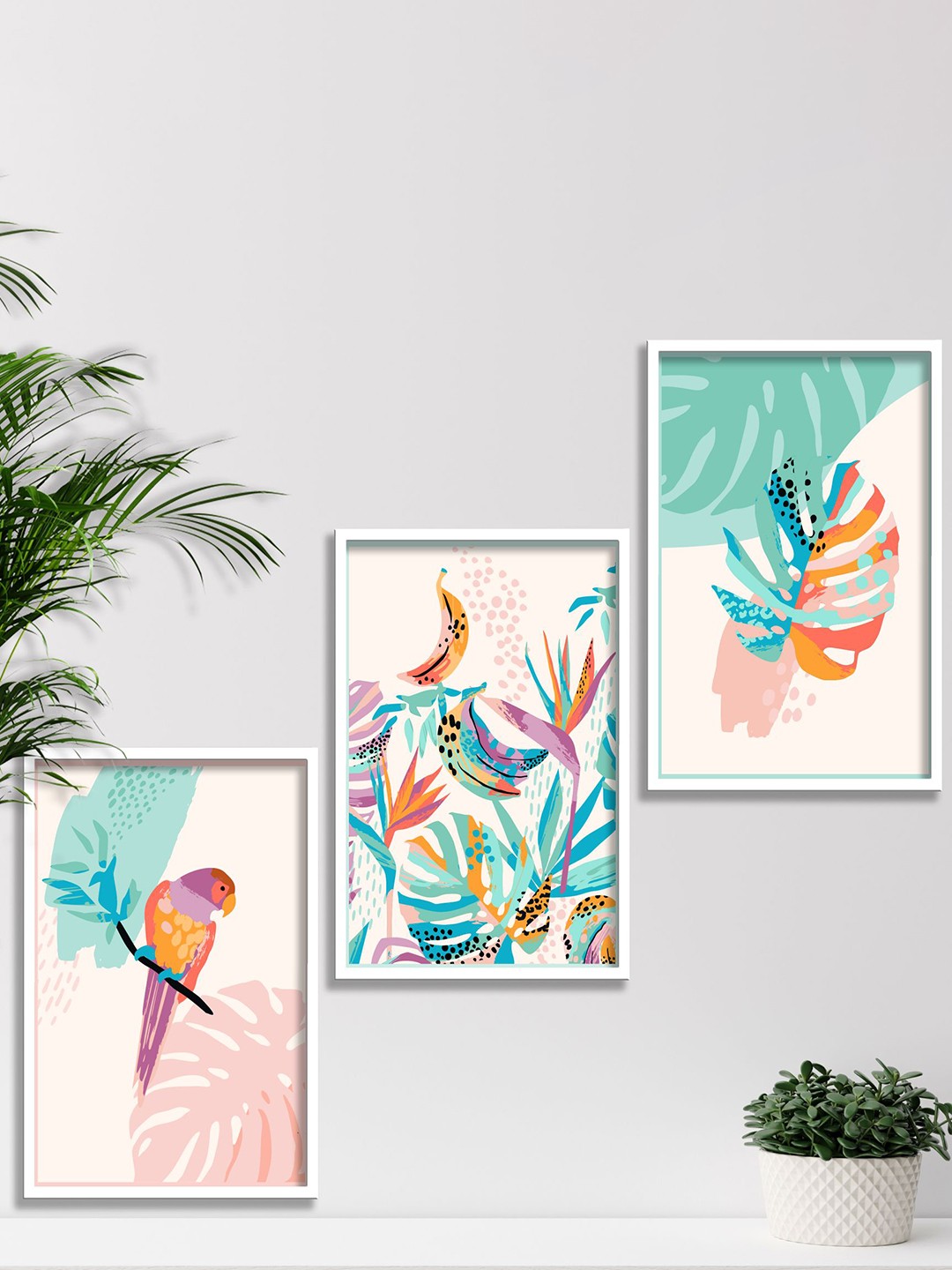 

SAF Green & Peach 3 Pieces Modern Wall Art