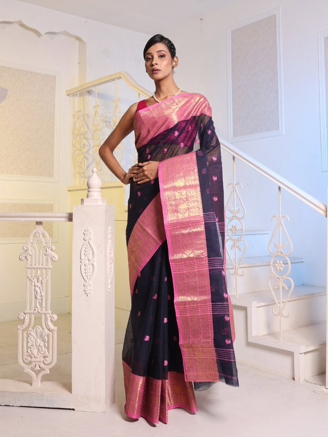 

Charukriti Navy Blue & Pink Ethnic Motifs Woven Design Zari Pure Cotton Taant Saree