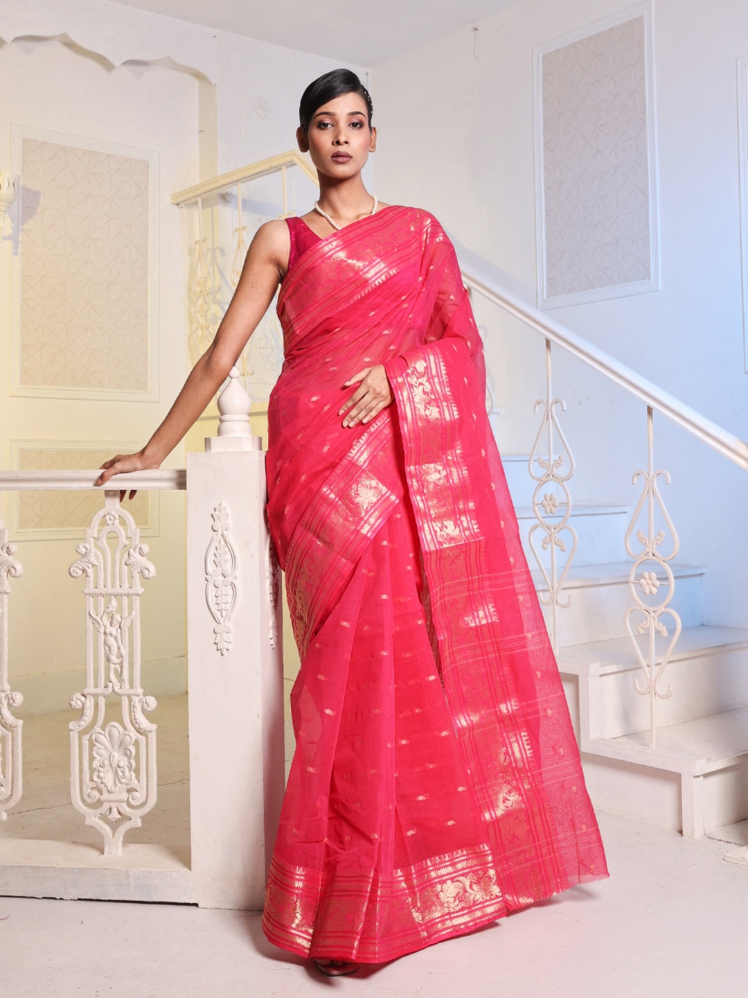 

Charukriti Ethnic Motifs Woven Design Zari Pure Cotton Taant Saree, Pink