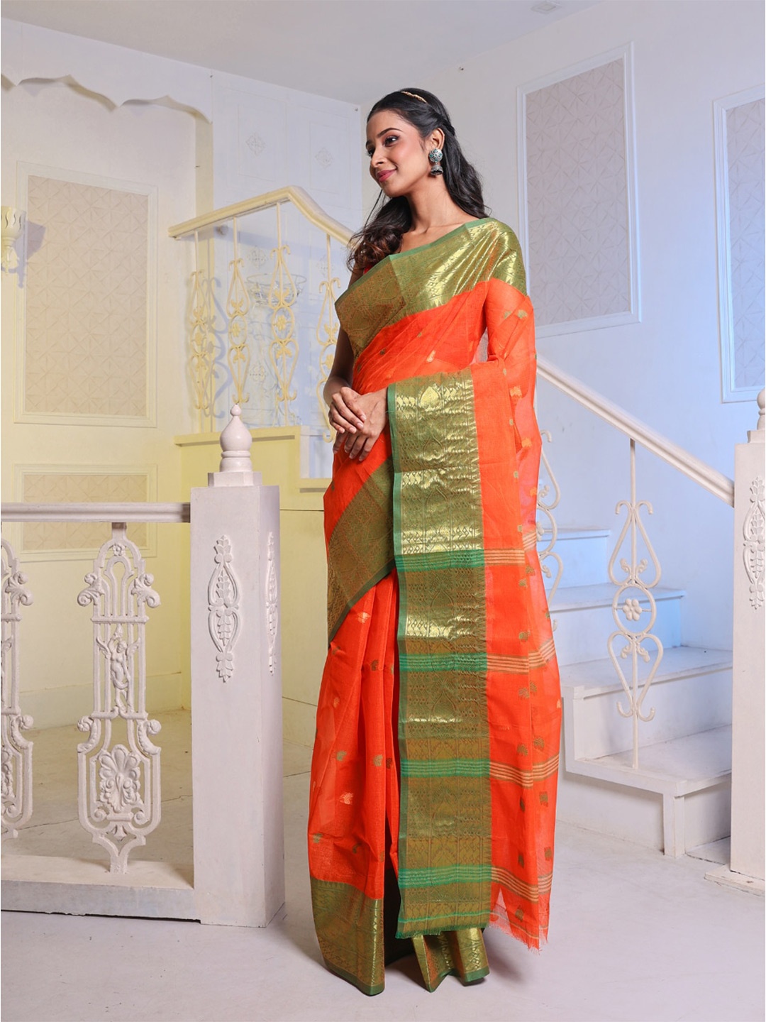 

Charukriti Ethnic Woven Design Zari Pure Cotton Taant Handloom Saree, Orange
