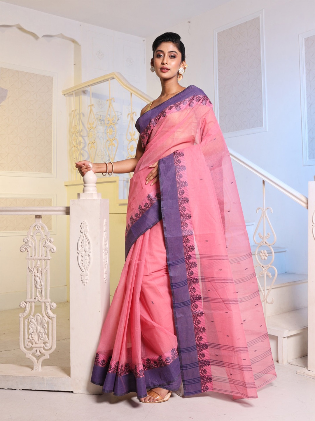

Charukriti Ethnic Motifs Woven Design Pure Cotton Taant Saree, Pink