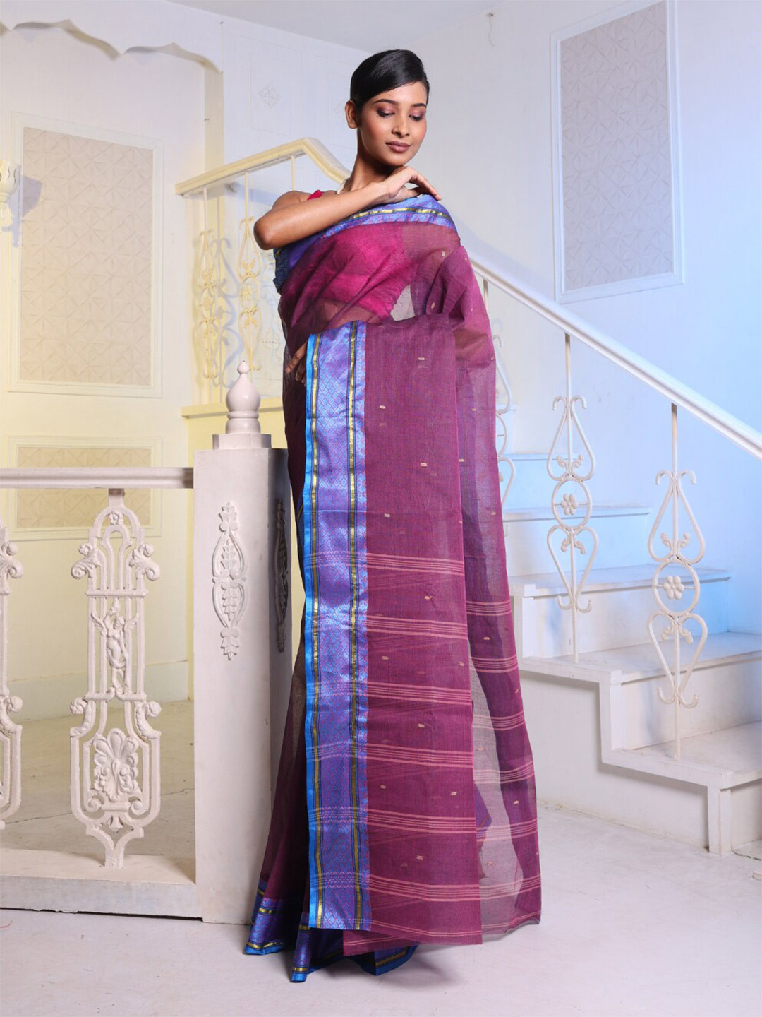 

Charukriti Ethnic motifs Woven Design Zari Pure Cotton Taant Saree, Purple