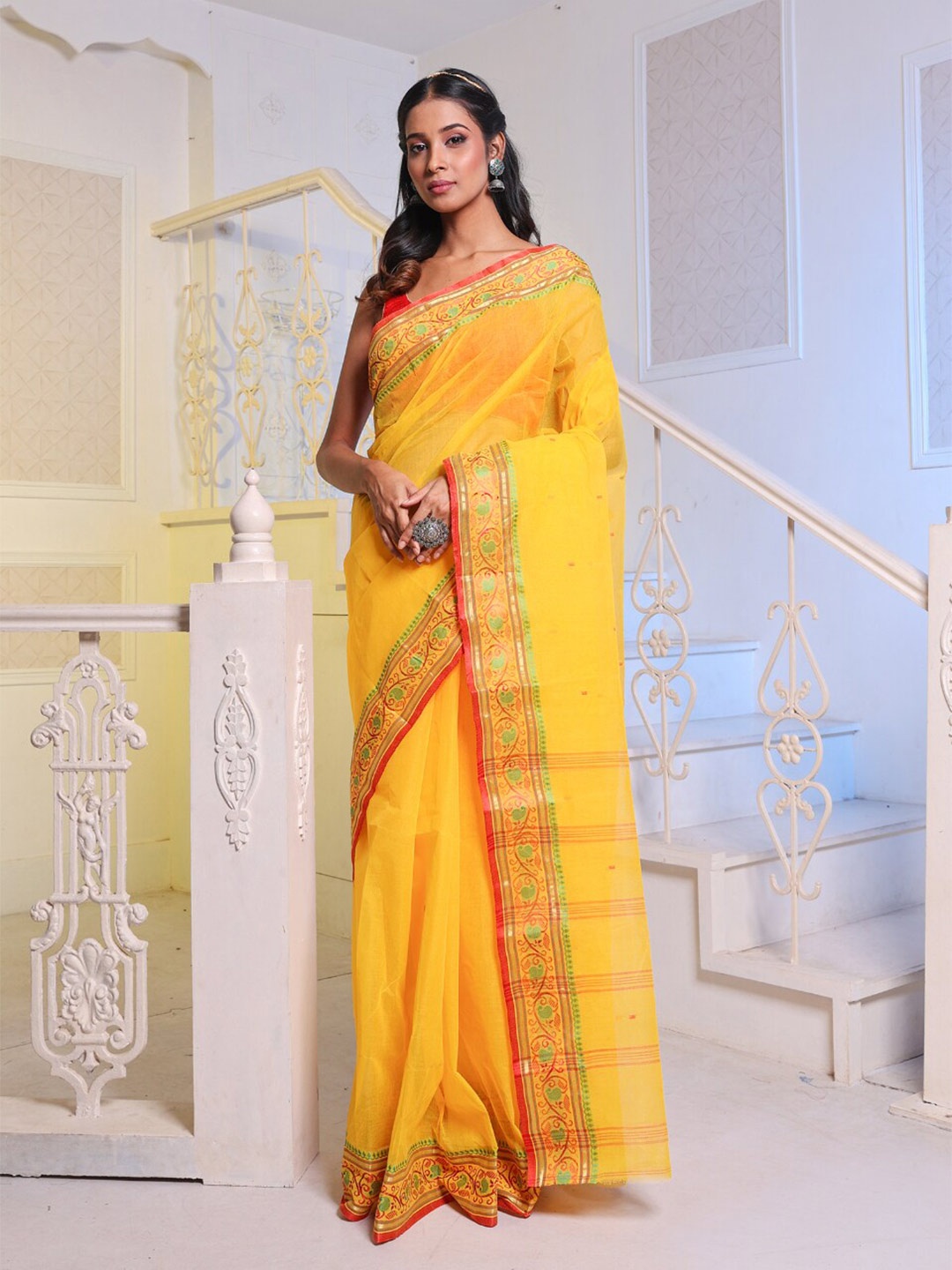 

Charukriti Ethnic Motifs Zari Pure Cotton Taant Saree, Yellow