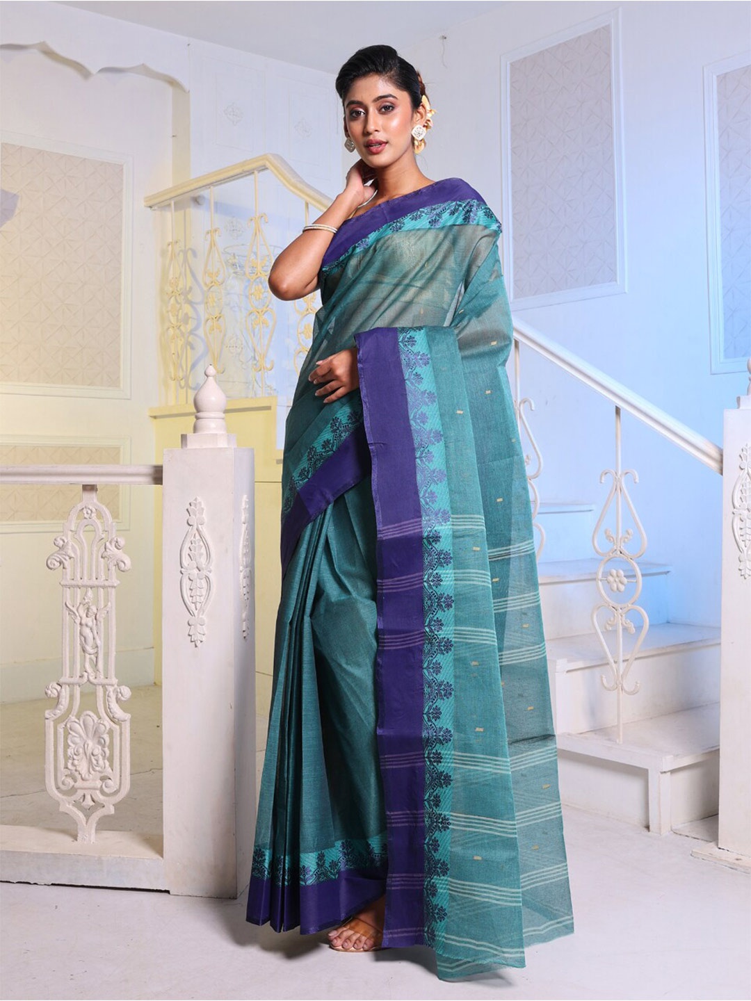 

Charukriti Ethnic Motifs Woven Design Pure Cotton Taant Saree, Teal
