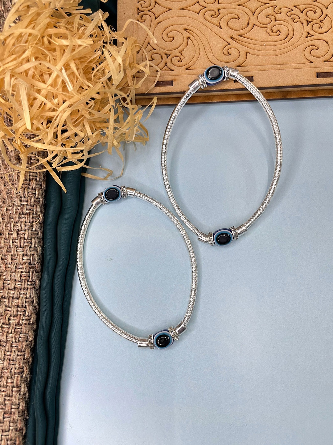 

ABDESIGNS Set of 2 Silver-Plated Evil Eye Beaded Anklets