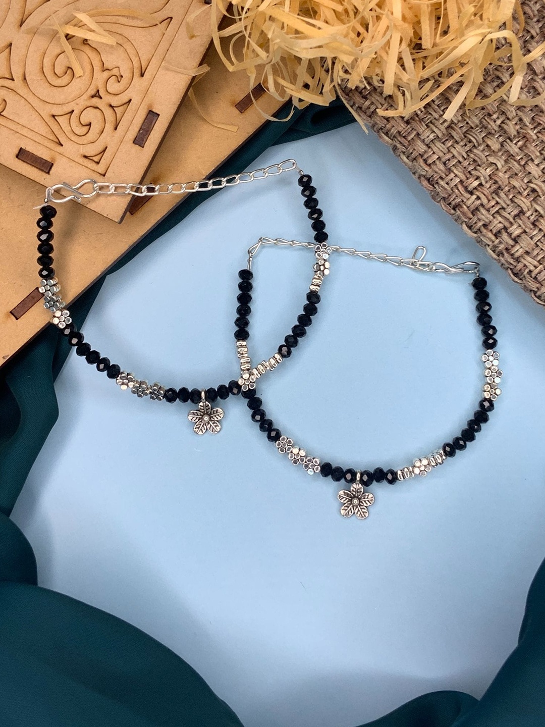 

ABDESIGNS Set Of 2 Silver-Plated Beaded Anklets