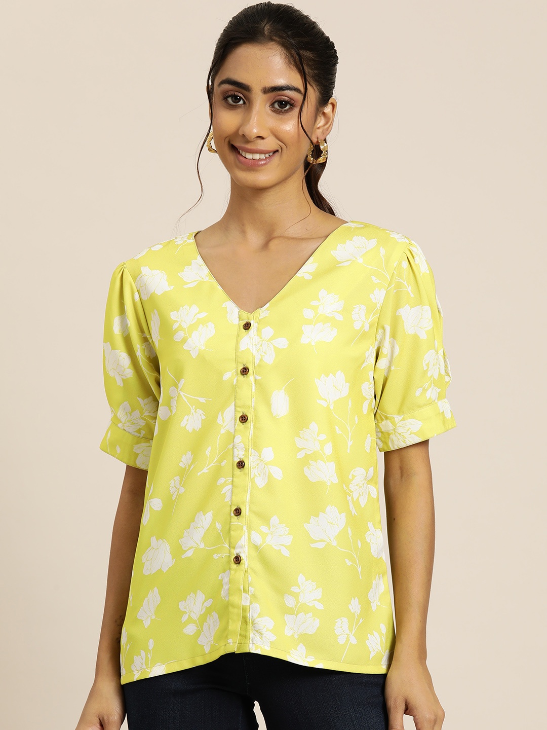 

HERE&NOW Floral Print Puff Sleeve Crepe Top, Yellow