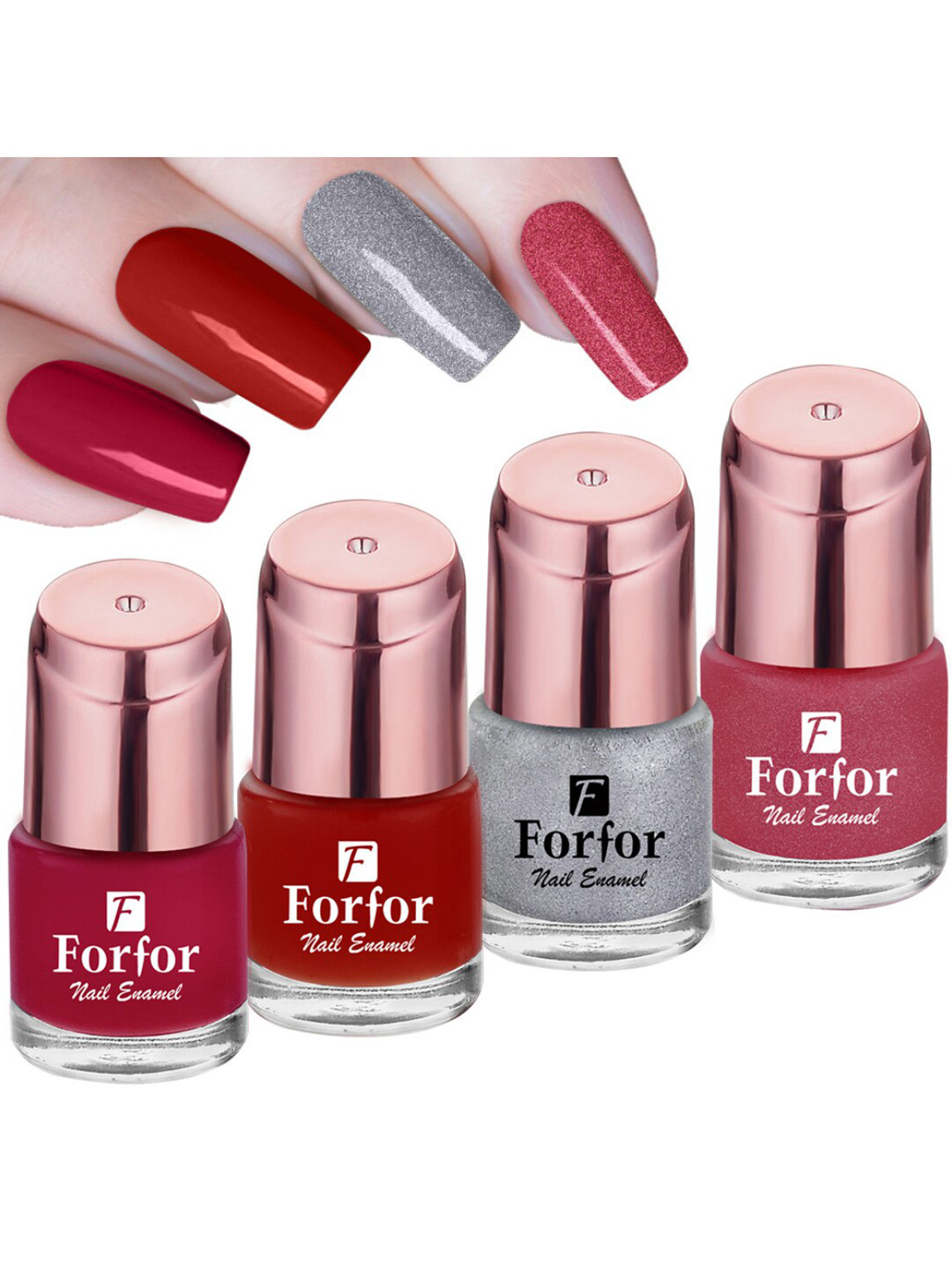

FORFOR Set of 4 Perfect Stay Rose Gold Glossy Long-Lasting Nail Polishes - 6ml each, Red