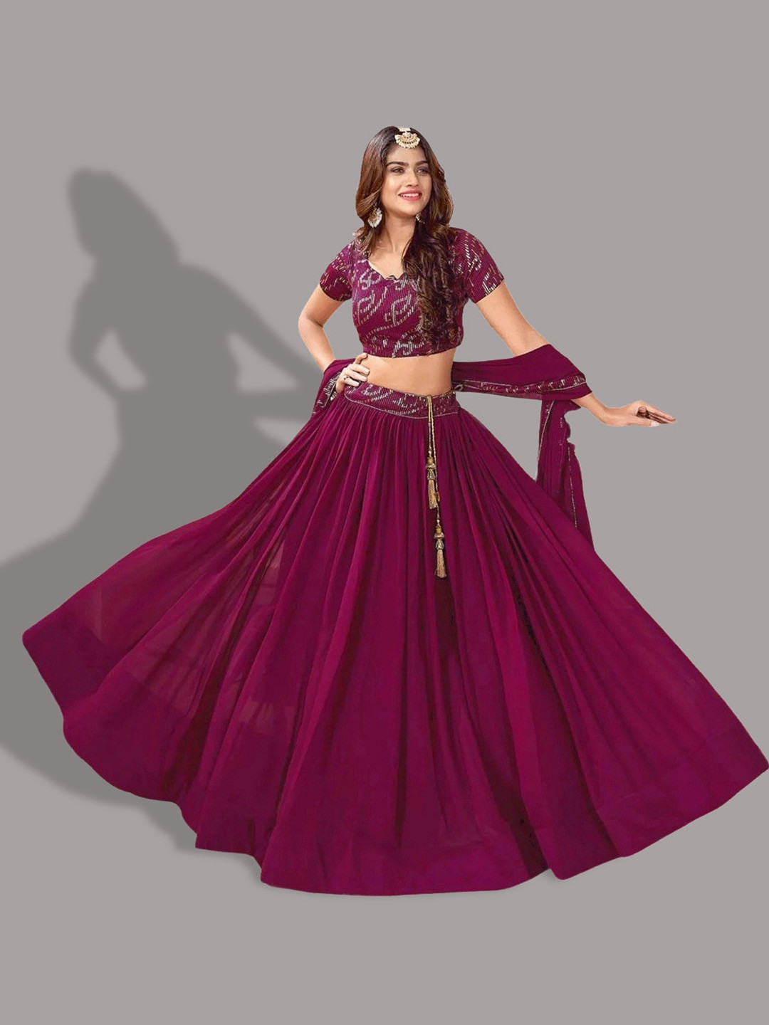 

Fashion Basket Embroidered Semi-Stitched Lehenga & Unstitched Blouse With Dupatta, Purple