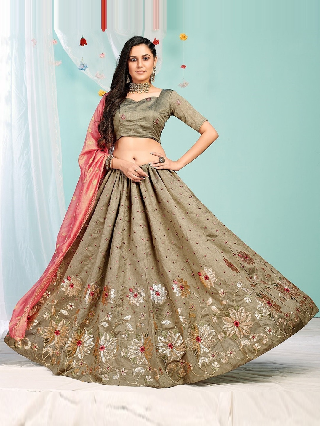 

Fashion Basket Embroidered Semi-Stitched Lehenga & Unstitched Blouse With Dupatta, Green