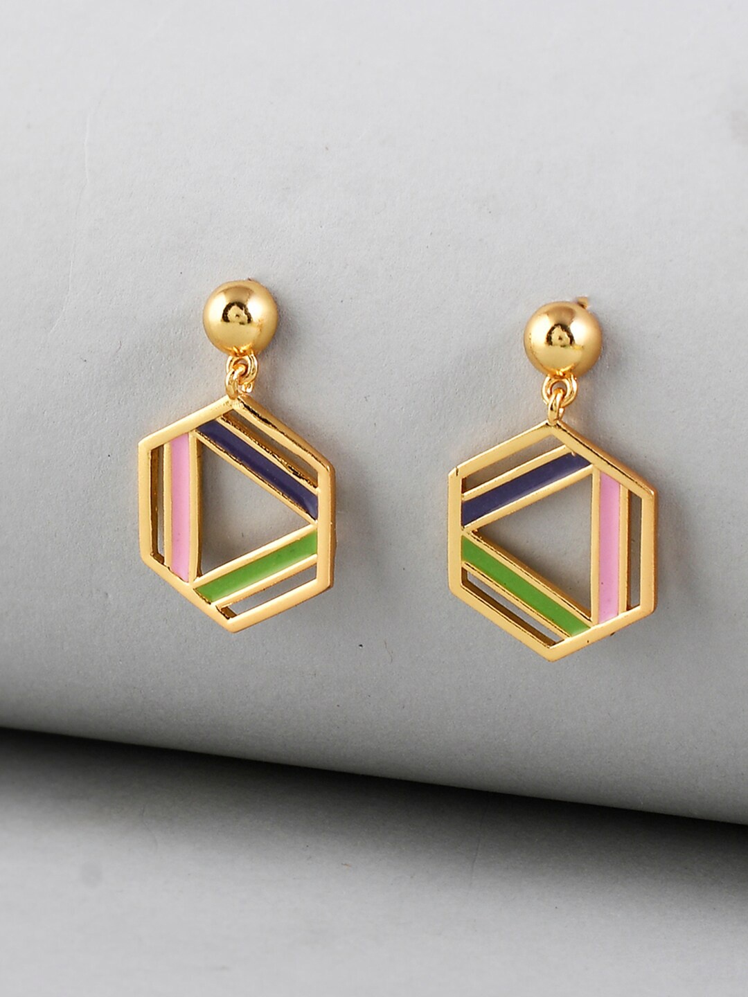 

Voylla Gold-Pleated Hexagon Drop Earrings