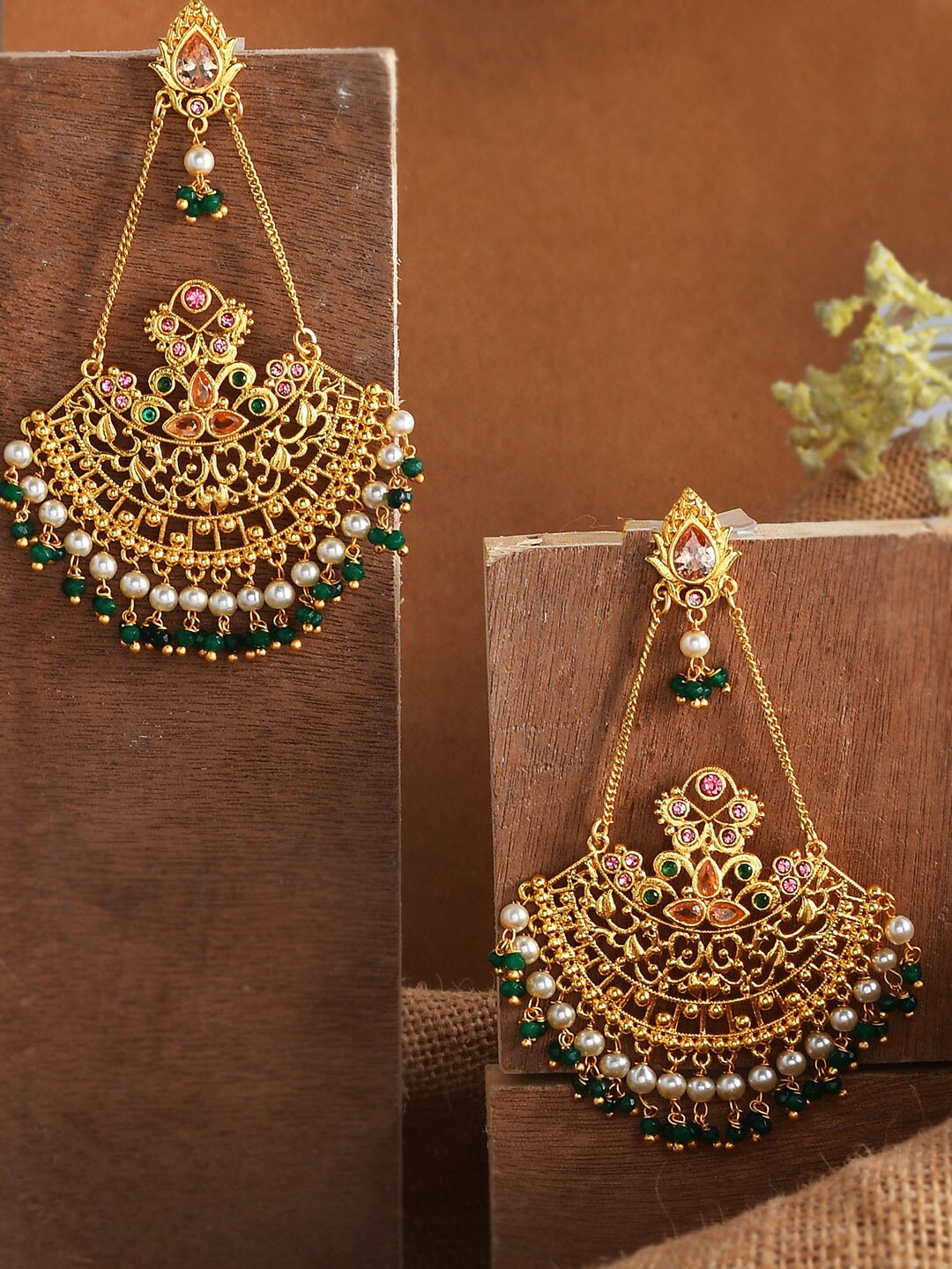 

Voylla Gold-Plated Pearl Studed Contemporary Chandbali Earrings